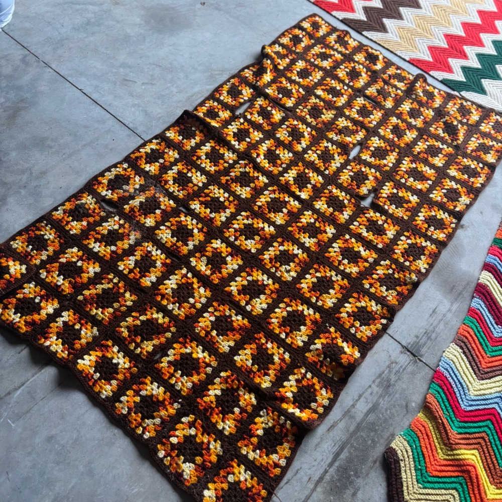 Vintage Handmade Crochet Granny Square Afghan Blanket Brown Orange Yellow 66x37